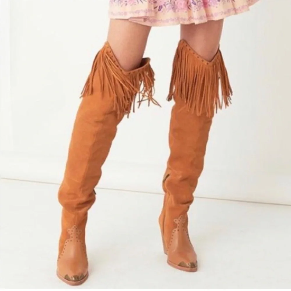 Spell Cognac Fringe Over-The-Knee Suede Boots